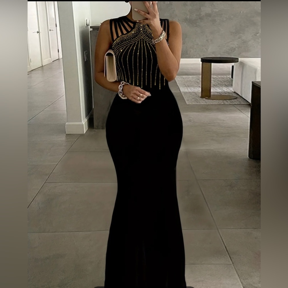 Rhinestone Bodycon Party Evening Dress, Sexy Sleeveless Solid Color Dress
